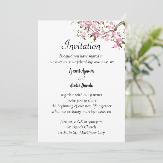 Japanse kersenbloesem huwelijksuitnodiging kaart (Staand voorkant)