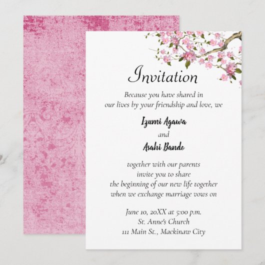 Japanse kersenbloesem huwelijksuitnodiging kaart (Voorkant / Achterkant)