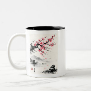 Japanse Kersenbloesem Inktwastechniek Schilderij - Tweekleurige Koffiemok