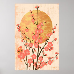 Japanse Kersenbloesem Kunstprint Goud Rijzende Zon Poster