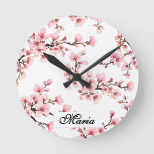Japanse Kersenbloesem monogram Blush Roze Blauw Ronde Klok