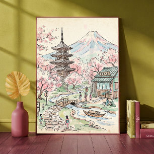 Japanse Kersenbloesem Mount Fuji Aquarel Land Poster