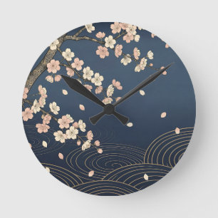 Japanse Kersenbloesem Navy Gouden Golfpatroon Ronde Klok