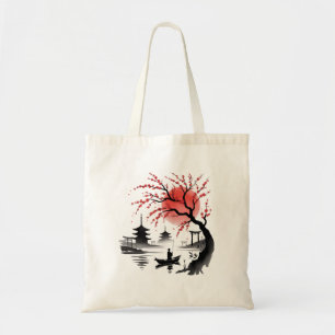 Japanse Kersenbloesem Rode Zon Vintage Landschap Tote Bag