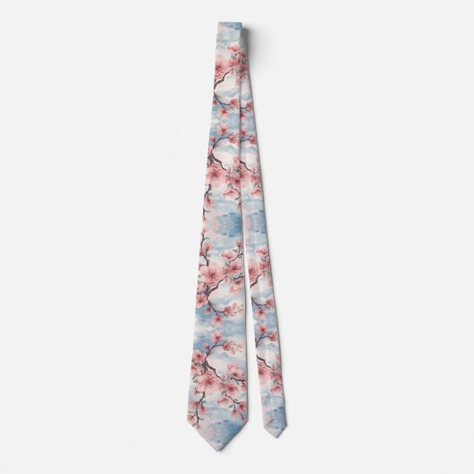 Japanse Kersenbloesem Roze Blauw Stropdas (Voorkant)
