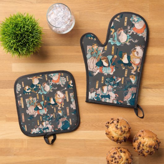 Japanse kikker ukiyo-e kikkers ovenwant & pannenlap set (Top down)