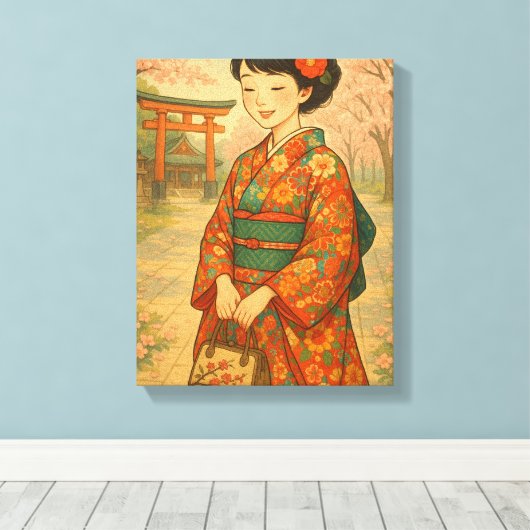 Japanse kimono en kersenbloesem canvas afdruk (Insitu (Houten vloer))
