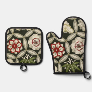 Japanse KIMONO Textiel, Bloemmotief Ovenwant & Pannenlap Set