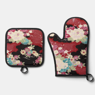 Japanse KIMONO Textiel, Bloemmotief Ovenwant & Pannenlap Set