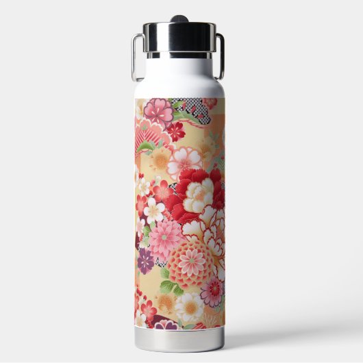 Japanse KIMONO Textiel, Floret Patroon Waterfles (Voorkant)