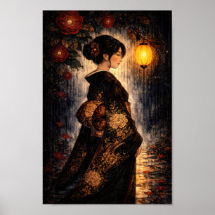 Japanse Kimono Vrouw Lantaarn Nacht Regen Kunst Poster