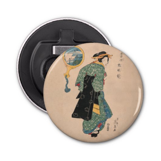 Japanse Kimono Vrouw: Ukiyo-e Woodblock Print Button Flesopener (Voorkant)