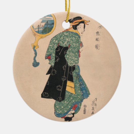 Japanse Kimono Vrouw: Ukiyo-e Woodblock Print Keramisch Ornament (Voorkant)