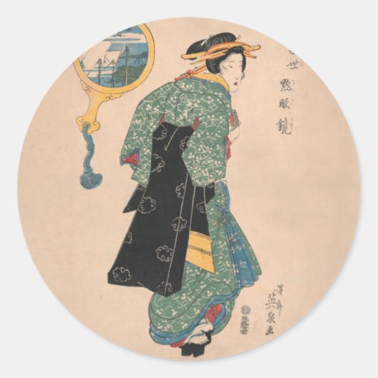 Japanse Kimono Vrouw: Ukiyo-e Woodblock Print Ronde Sticker (Voorkant)