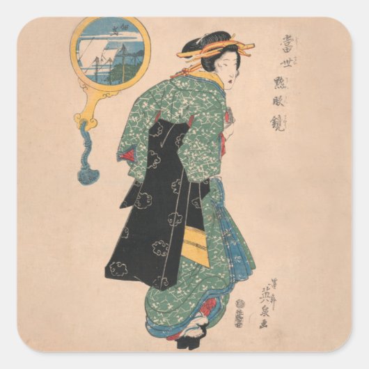 Japanse Kimono Vrouw: Ukiyo-e Woodblock Print Vierkante Sticker (Voorkant)