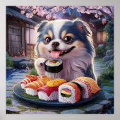 Japanse kin hond puppy eten sushi poster (Voorkant)