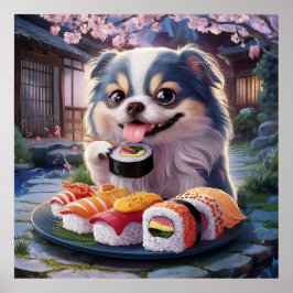 Japanse kin hond puppy eten sushi poster