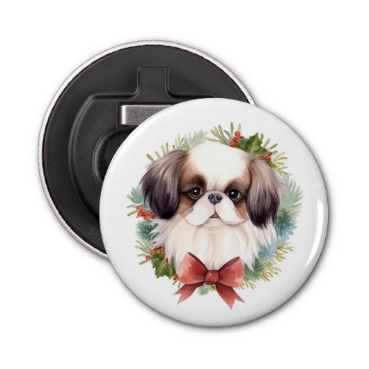 Japanse kin kerstkrans feestelijke pup button flesopener (Voorkant)