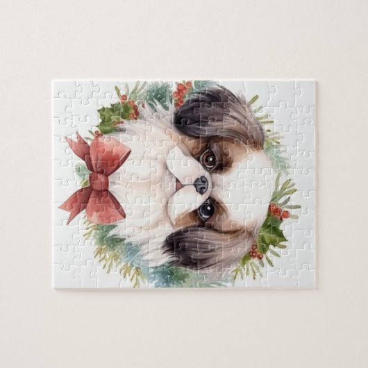 Japanse kin kerstkrans feestelijke pup legpuzzel (Horizontaal)