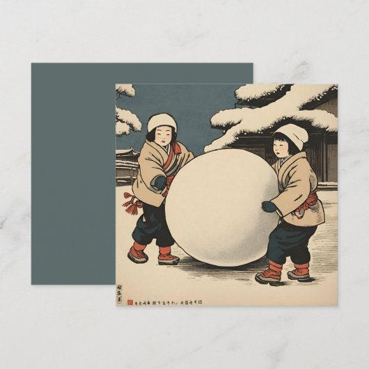 Japanse kinderen die grote sneeuwballen rollen (Voorkant / Achterkant)