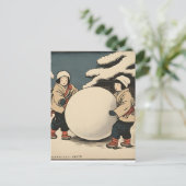 Japanse kinderen die grote sneeuwballen rollen briefkaart (Staand voorkant)