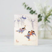 Japanse kinderen die grote sneeuwballen rollen briefkaart (Staand voorkant)