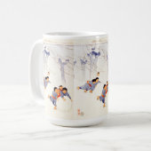 Japanse kinderen die grote sneeuwballen rollen koffiemok (Voorkant links)