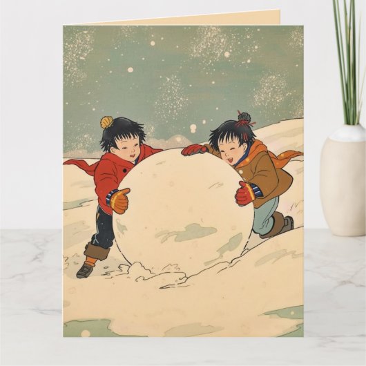 Japanse kinderen rollen een grote sneeuwbal kaart (Voorkant)