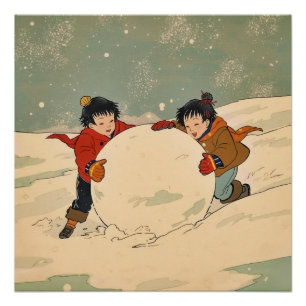 Japanse kinderen rollen een grote sneeuwbal perfect poster