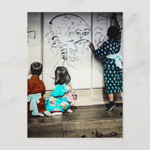 Japanse kinderen Schilderen op papierwanden  Briefkaart
