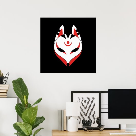 Japanse Kitsune Vossenmasker op Zwart Poster (Thuiskantoor)