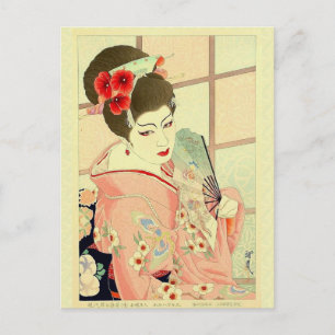 Japanse Klassieke Geisha Lady Pink Kimono Fan Briefkaart