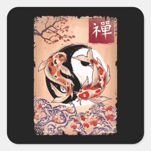 Japanse Koi Fish Cherry Blossom Carp Flower Vierkante Sticker (Voorkant)
