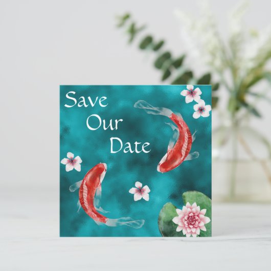 Japanse Koi Fish, Cherry Blossom Weddenschap Save Save The Date (Staand voorkant)