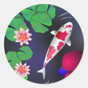 Japanse Koi Fish, Lotus Flowers & Water-lilies Ronde Sticker