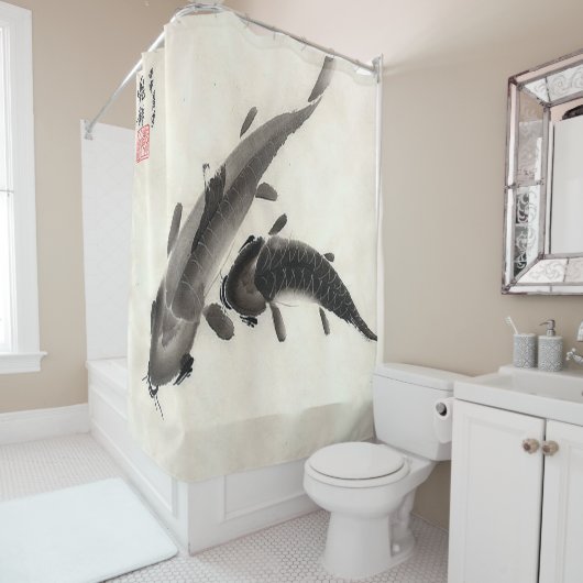 Japanse Koi Fish Pond Waterverf Painting Douchegordijn (In situ)