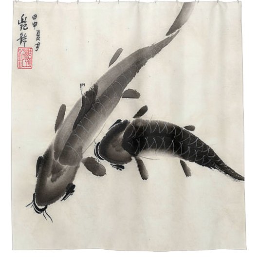 Japanse Koi Fish Pond Waterverf Painting Douchegordijn (Voorkant)