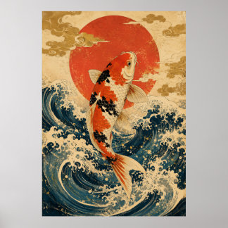 Japanse Koi Vis Golf Poster | Vintage Rode Zon Wa