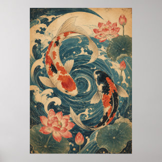 Japanse Koi Vis Golf Poster | Vintage Rode Zon Wa