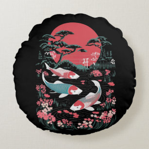 Japanse Koi Vis – Rode Zon en Sakura Vijver Rond Kussen