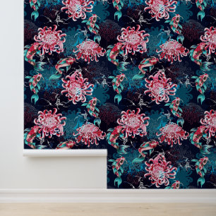 Japanse Koi Vissen & Rode Chrysanten Diep Teal Behang