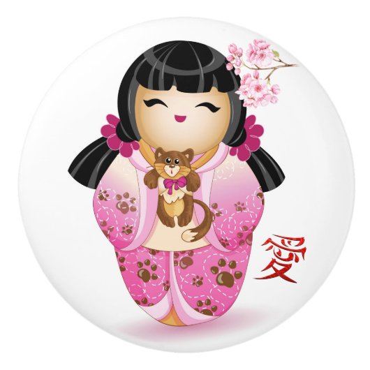 Japanse Kokeshi Love Doll Keramische Knop (Voorkant)