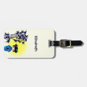 Japanse kokeshi-pop bij bamboo tijdens zonsopgang bagagelabel (Voorkant horizontaal)