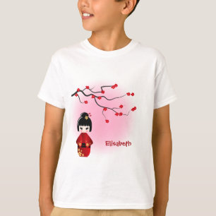 Japanse kokeshi pop bij roze sakura-meisjes t-shirt