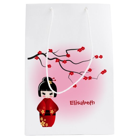 Japanse kokeshi-pop bij sakura-bloesemmeisjes medium cadeauzakje (Voorkant)