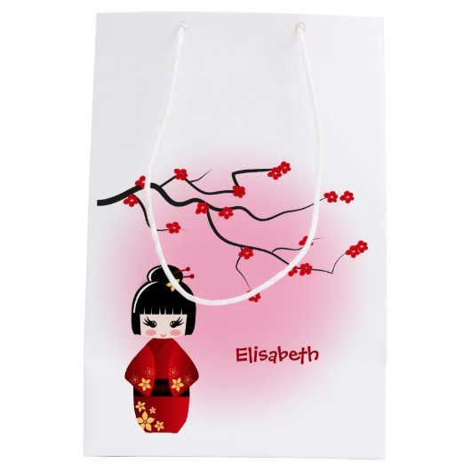 Japanse kokeshi-pop bij sakura-bloesemmeisjes medium cadeauzakje (Achterkant)