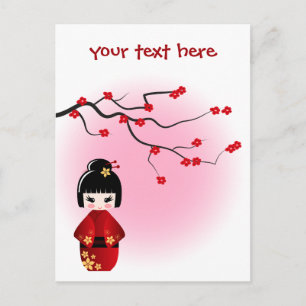 Japanse kokeshi-pop bij sakura blossom briefkaart