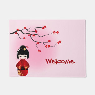 Japanse kokeshi-pop bij sakura blossom deurmat
