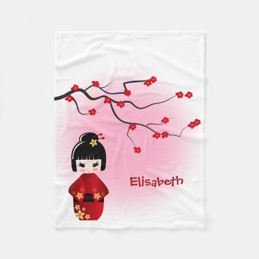 Japanse kokeshi-pop bij sakura blossom fleece deken (Voorkant)