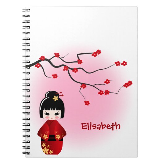 Japanse kokeshi-pop bij sakura blossom notitieboek (Voorkant)